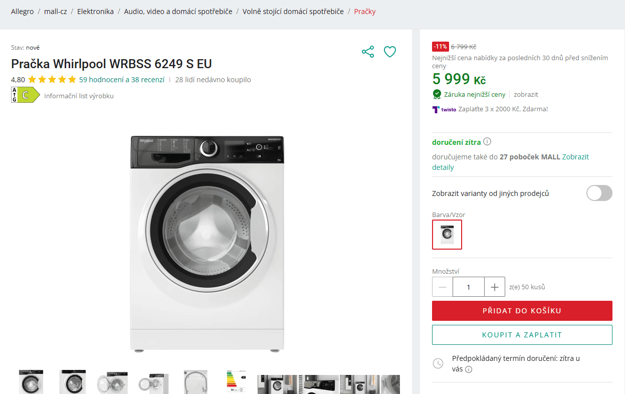 Pračka Whirlpool, slim, C, 6 kg, 1200 ot./min