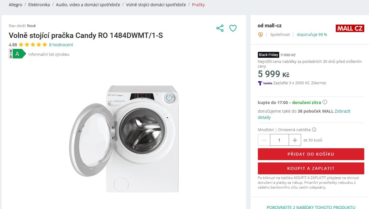 Pračka Candy 8 kg, 1400 ot., A, Wifi, BT