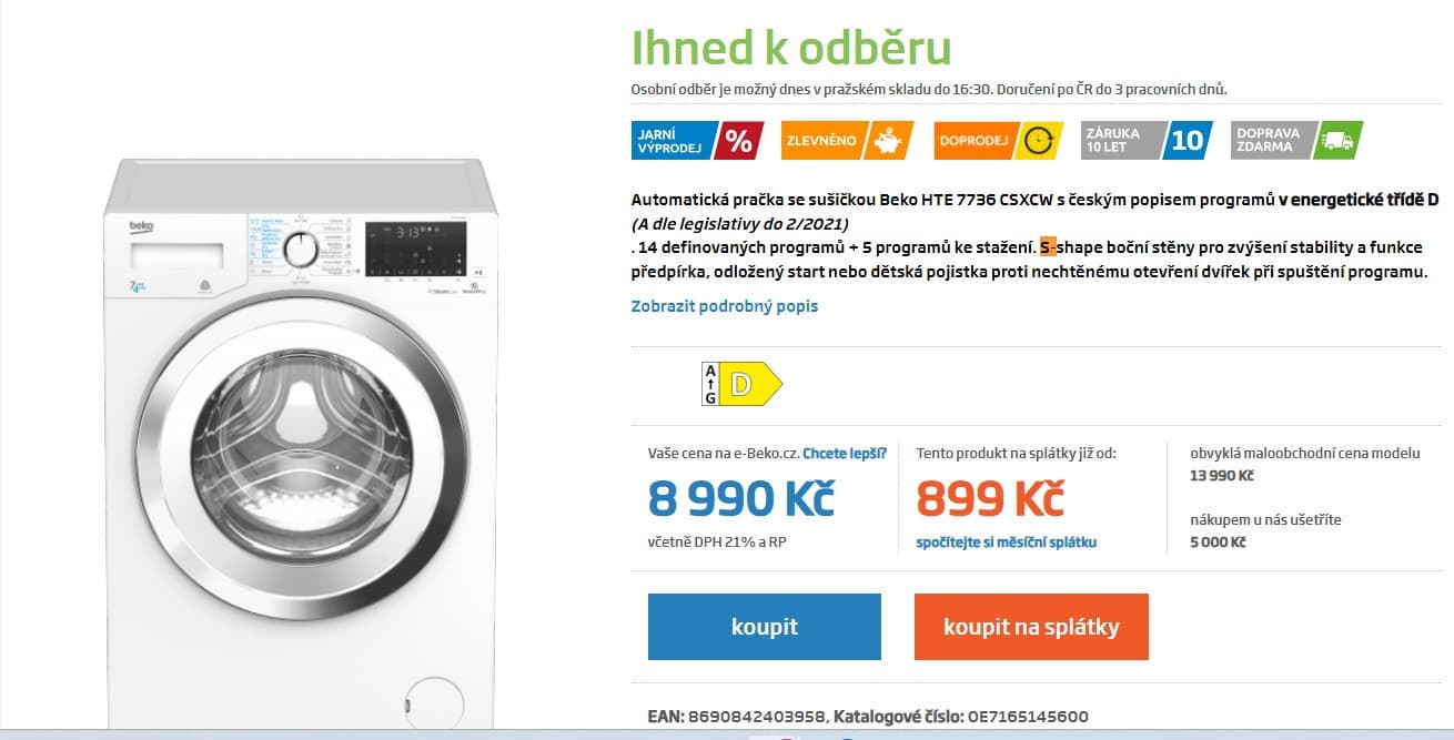 Úzká pračka se sušičkou Beko 7/4kg, 1400