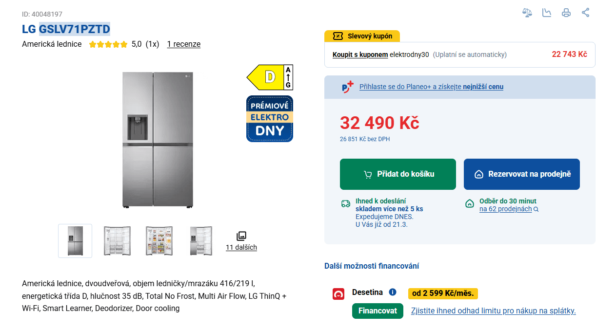 Americká lednice LG led, voda, 179cm