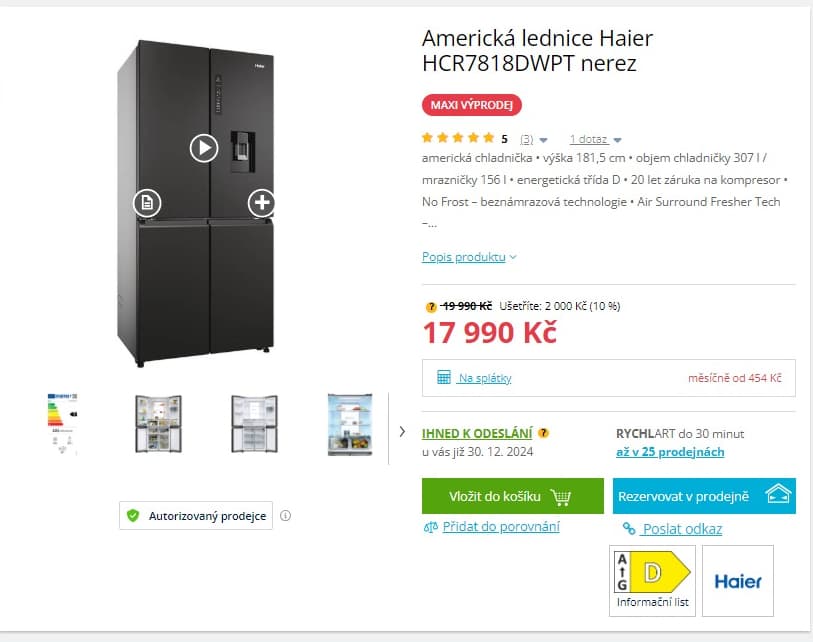 Americká lednice Haier, voda, 182cm