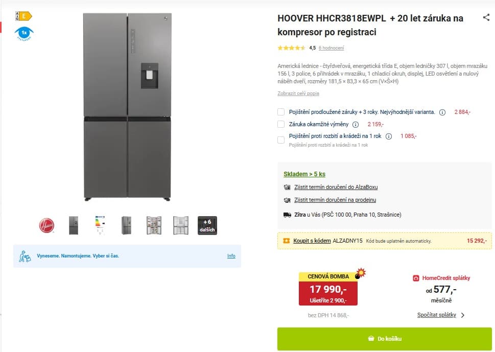 Americká lednice Hoover, voda, 182cm