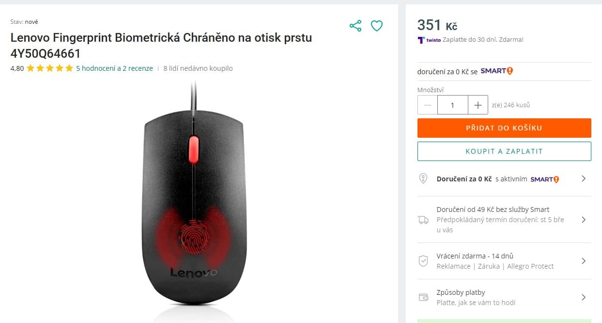 Myš Lenovo, otisk prstu biometrie