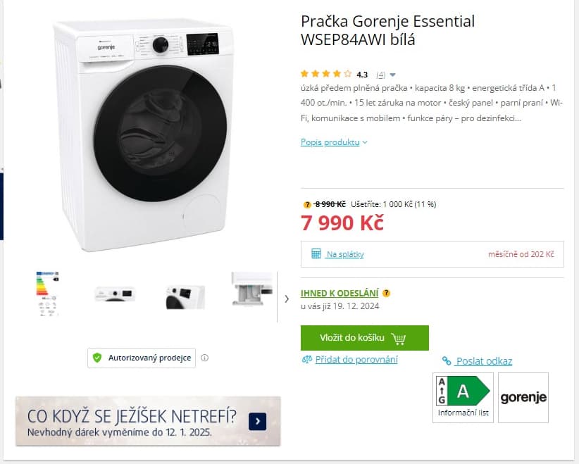 Parní pračka Gorenje 8kg, 1400ot., Wifi, 46,5cm