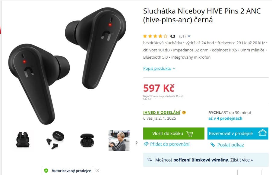 BT sluchátka Niceboy Hive Pins 2, ANC, TWS