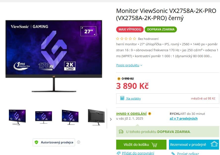 Herní PC monitor ViewSonic QHD, 2K, 27"
