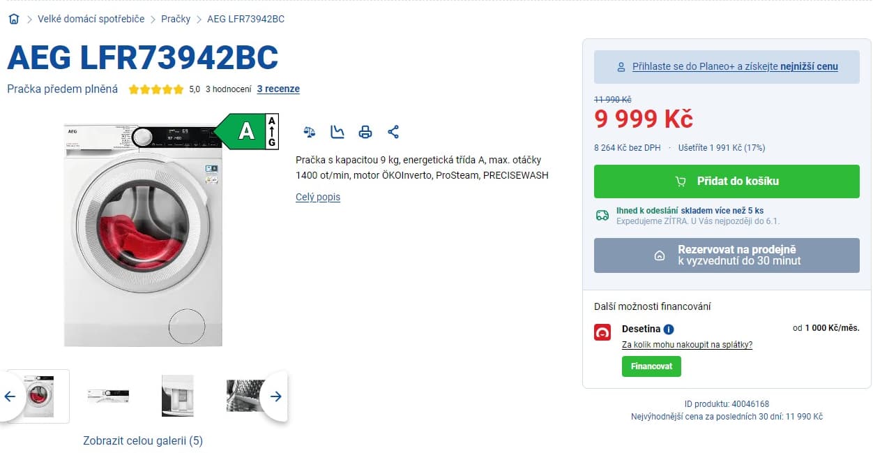 Parní pračka AEG 9 kg, 1400 ot.
