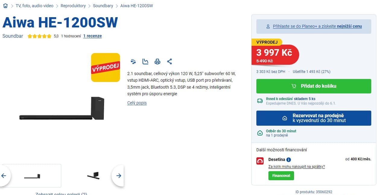 Soundbar Aiwa 2.1, 120 W, subwoofer