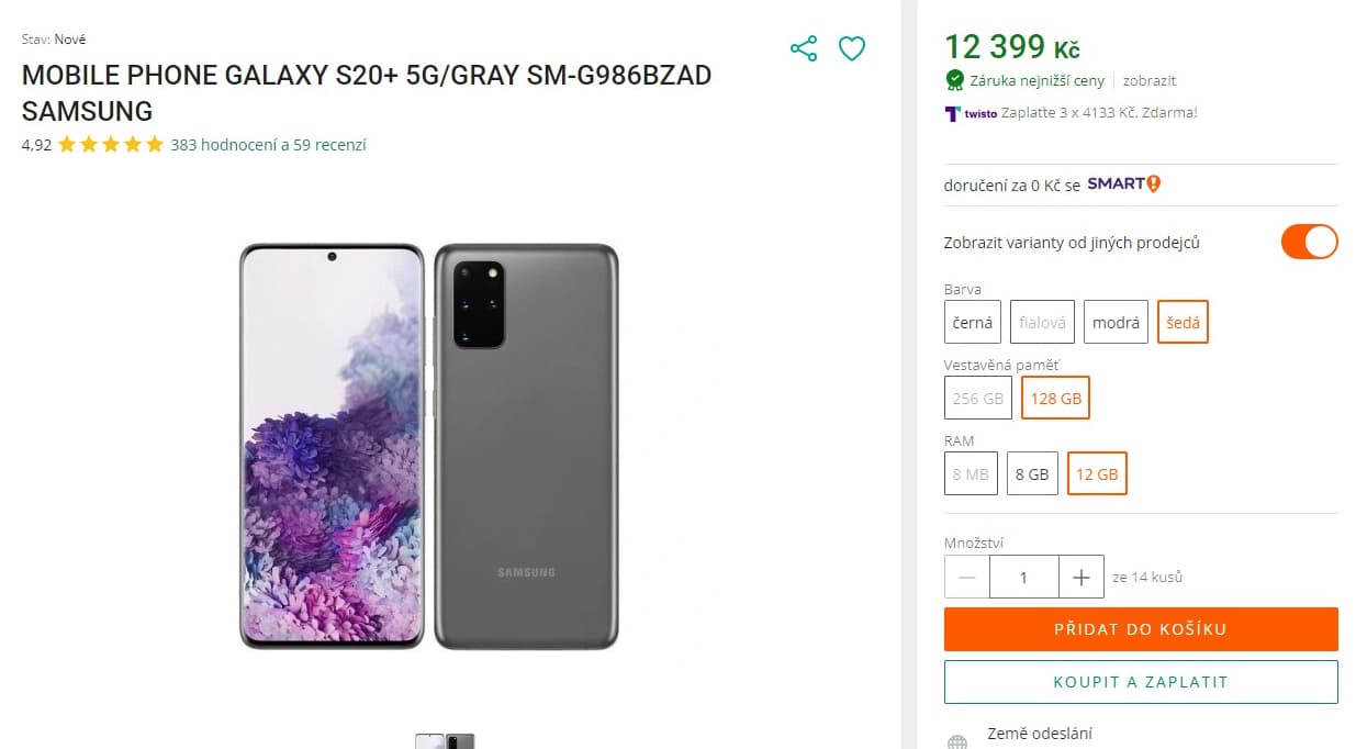 Samsung S20+ 8x 2,73GHz, 12/128 GB, 6,7"
