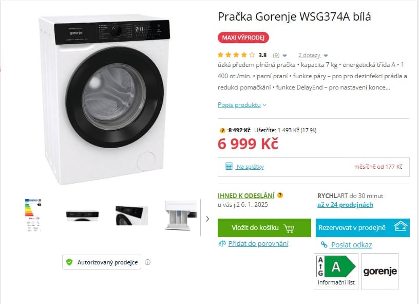 Parní pračka Gorenje 7kg, 1400ot., úzká