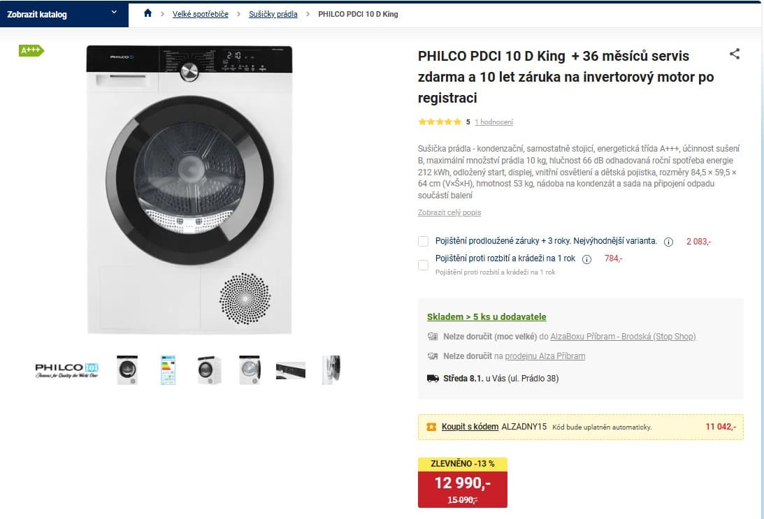 Sušička prádla Philco, A+++, 10 kg
