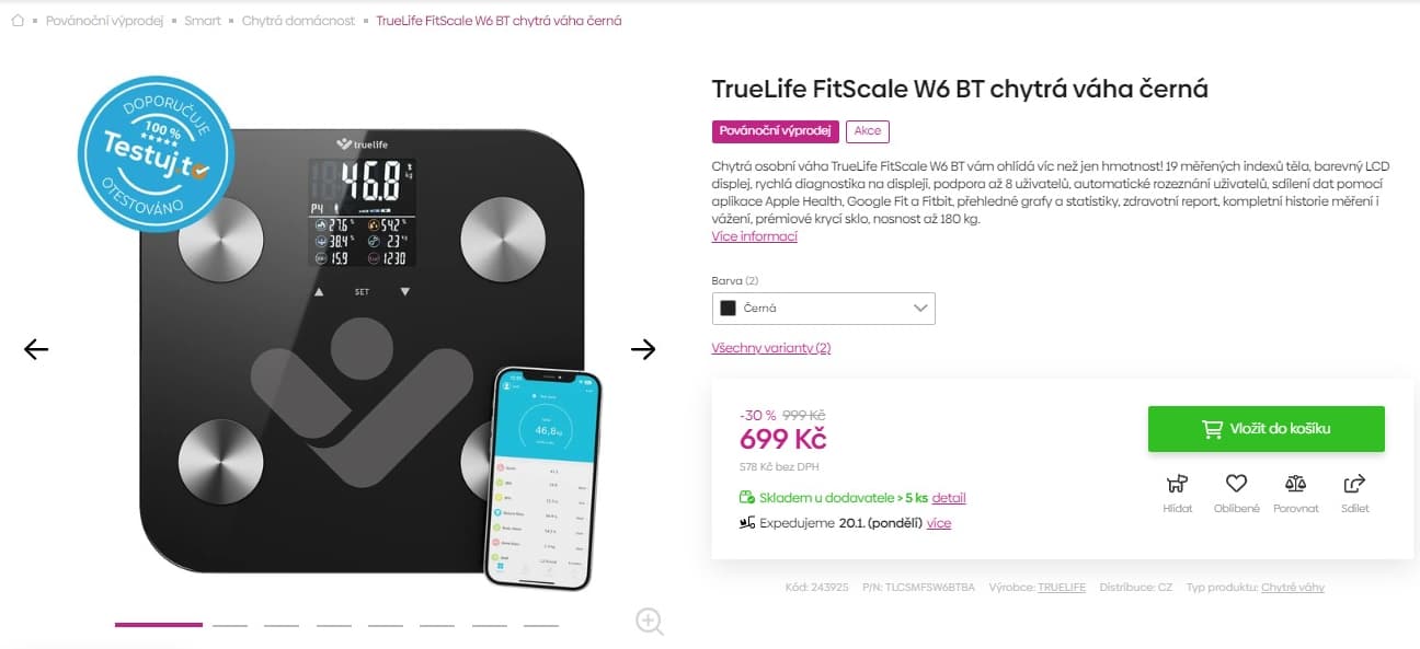 Chytrá diagnostická váha Truelife, 19 indexů
