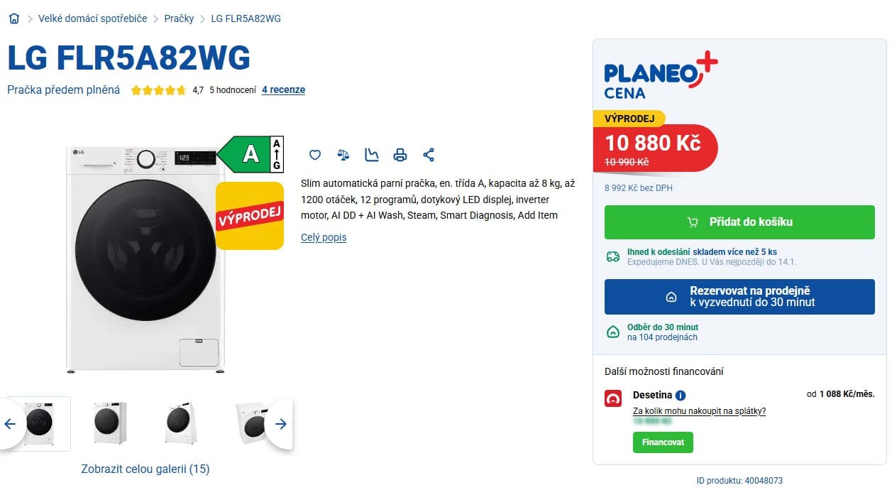 Slim parní pračka LG 8kg, 1200ot., A