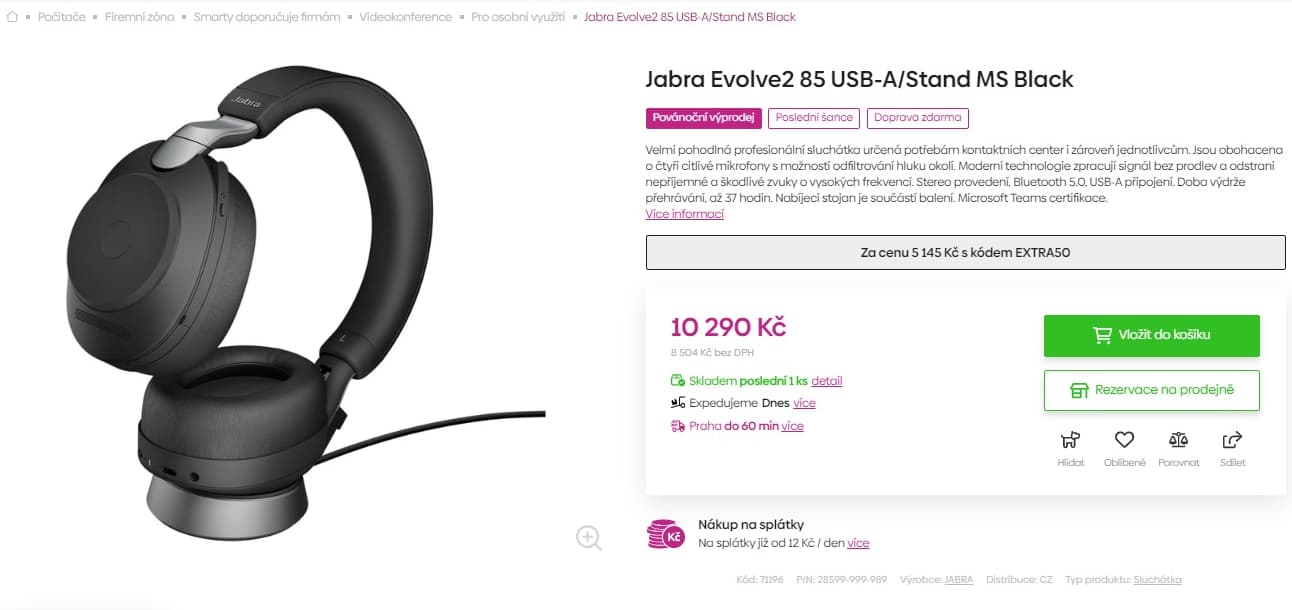 BT sluchátka Jabra Evolve2 37 hodin
