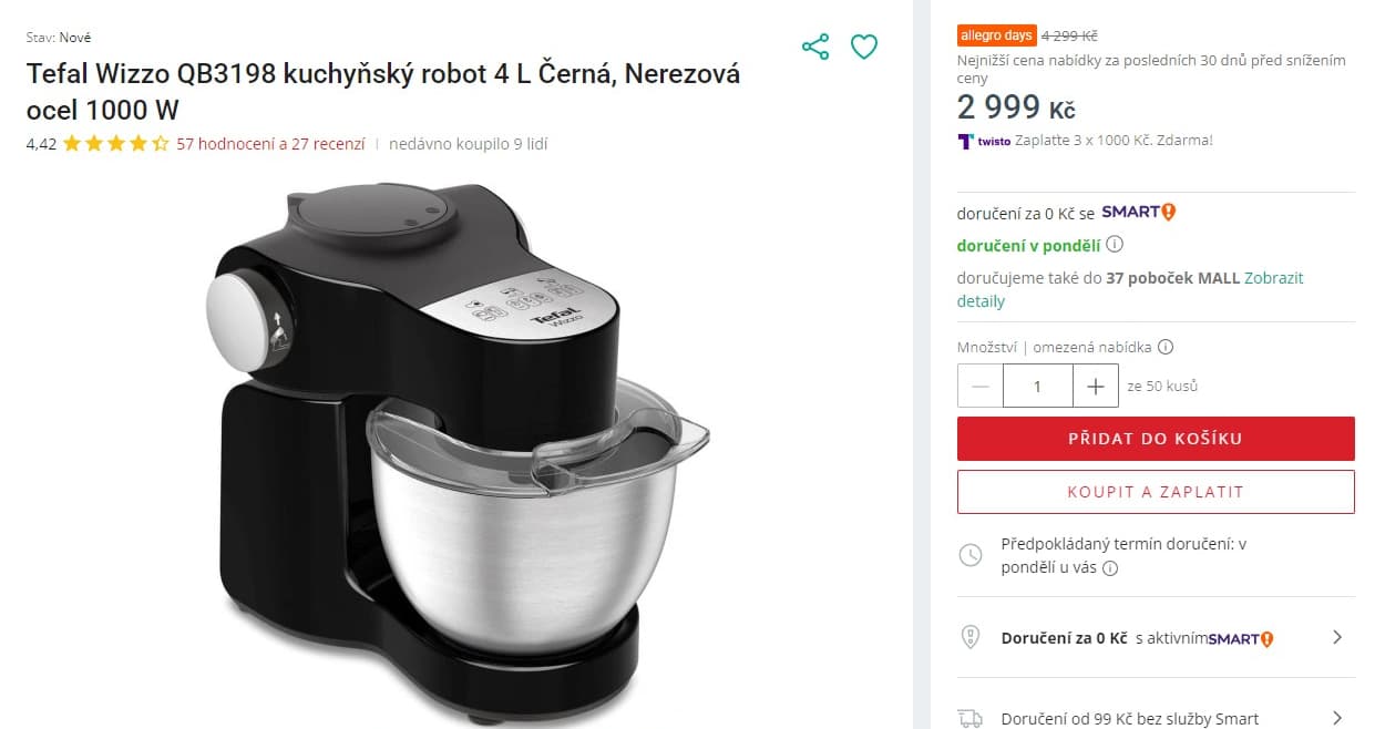 Kuchyňský robot Tefal 4l, výbava, 1000W