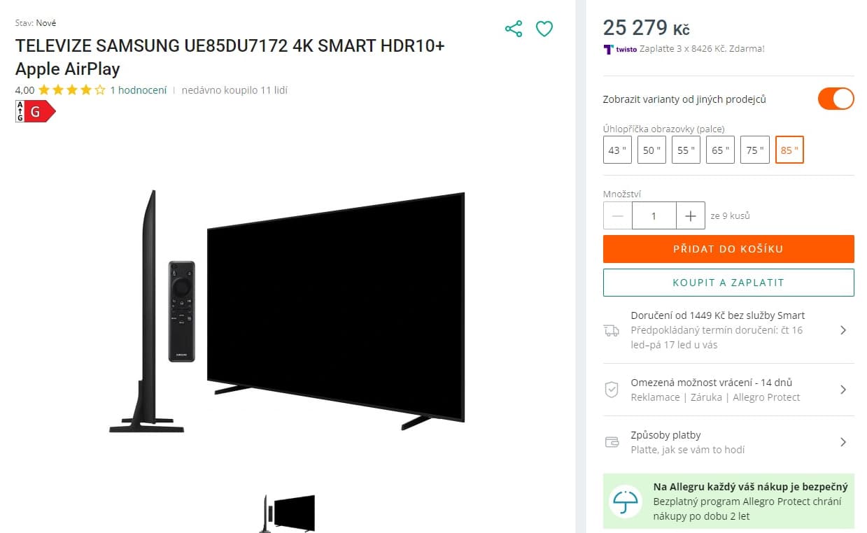 4K Smart TV 216 cm, Samsung