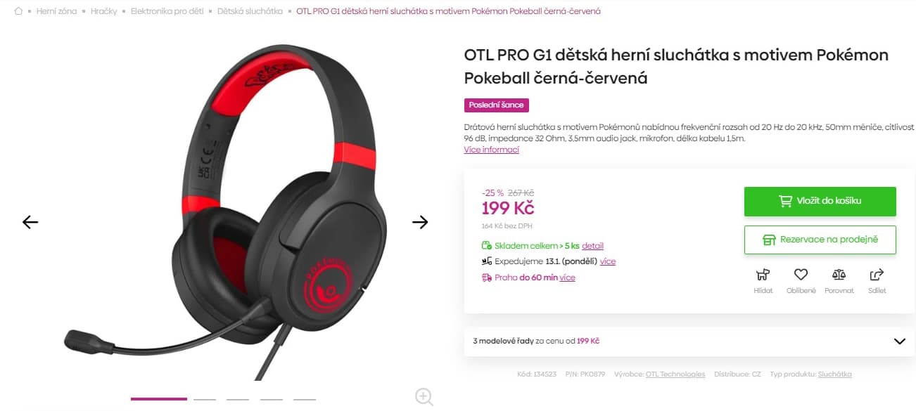 Drátová herní sluchátka dětská OTL Pokémon