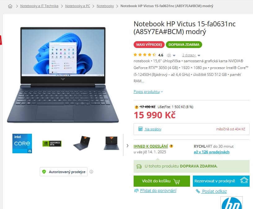 HP i5 4,4GHz, 16GB RAM, 4GB Nvidia, 2,29kg