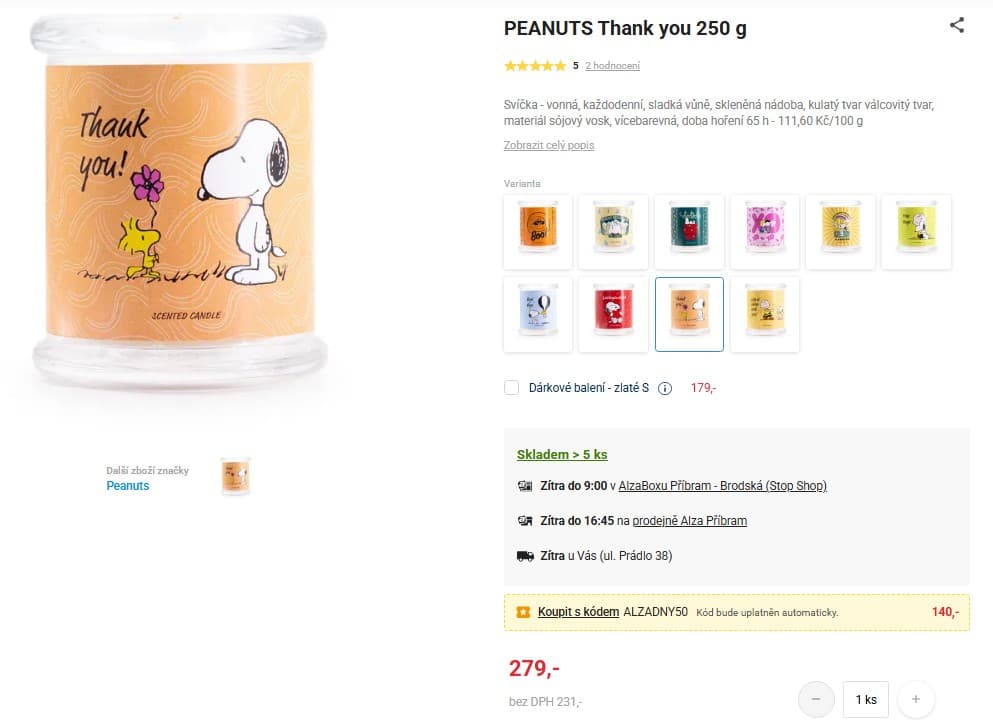 Svíčka Peanuts Thank you 250 g