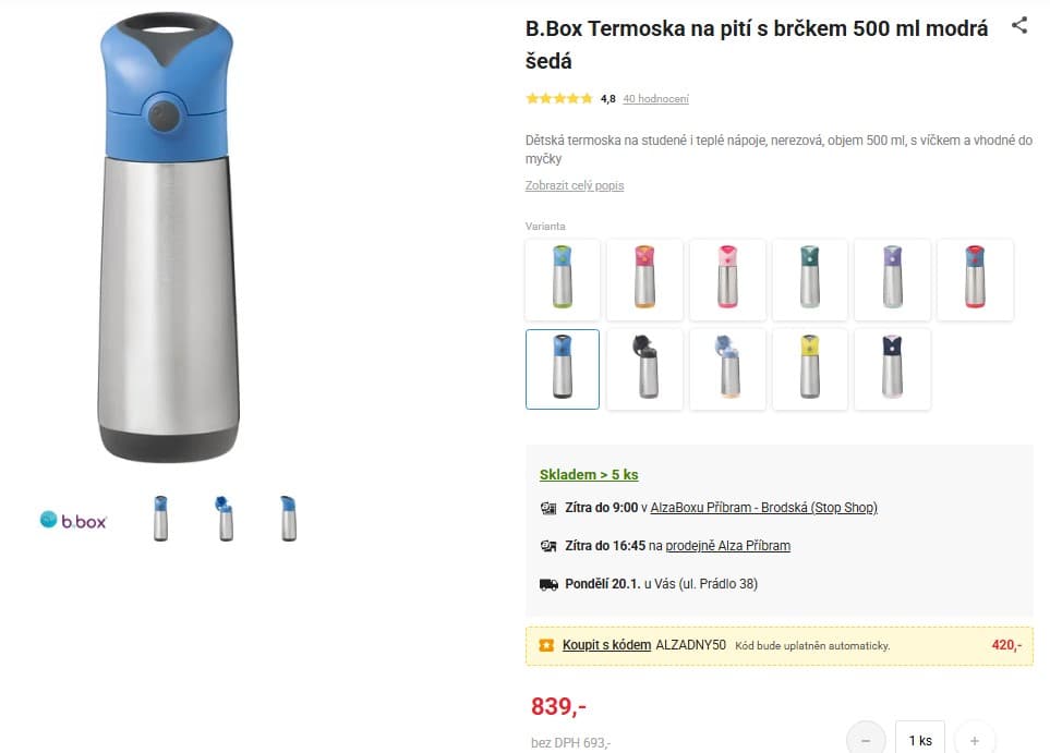 Termoska na pití s brčkem b.box 500 ml 