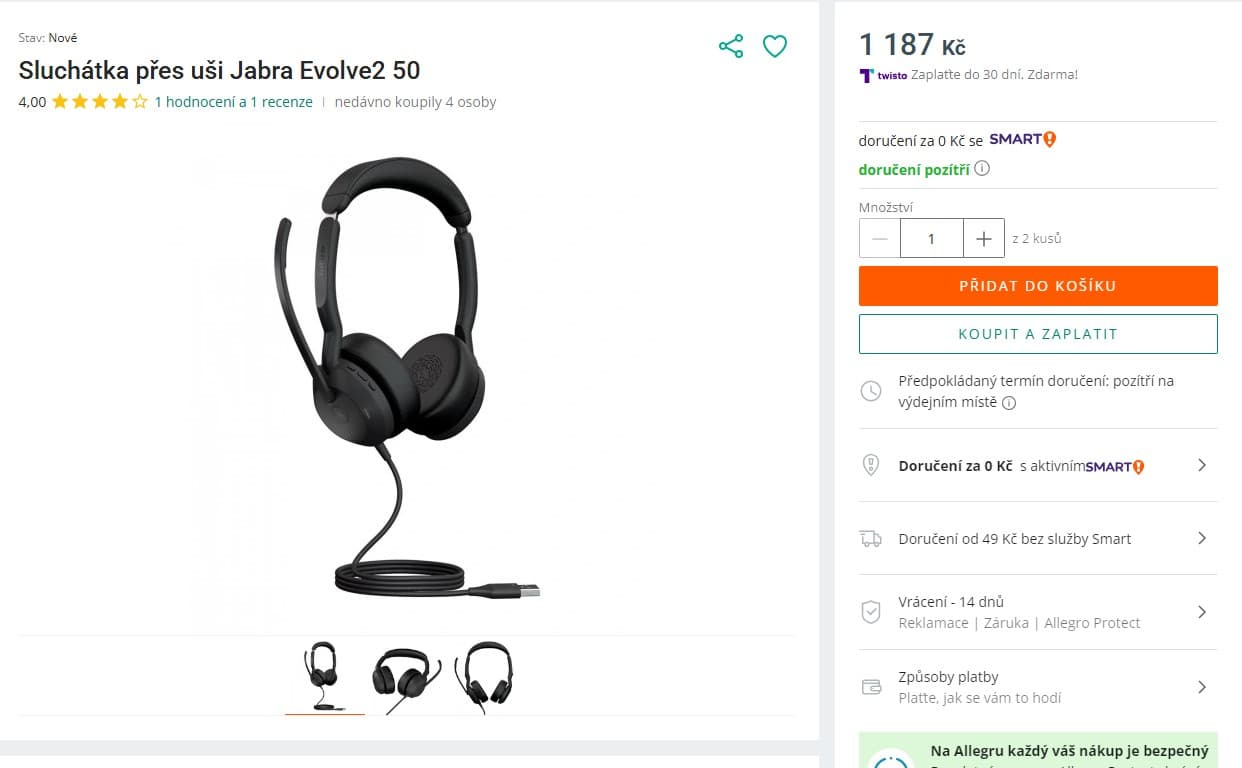 BT sluchátka Jabra Evolve2 50