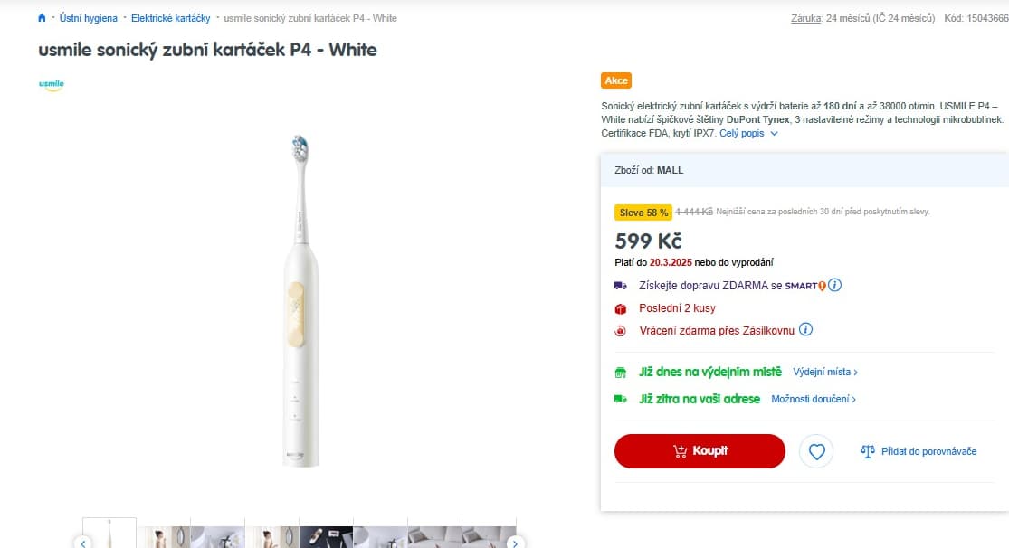 Sonický zubní kartáček Usmile P4 White