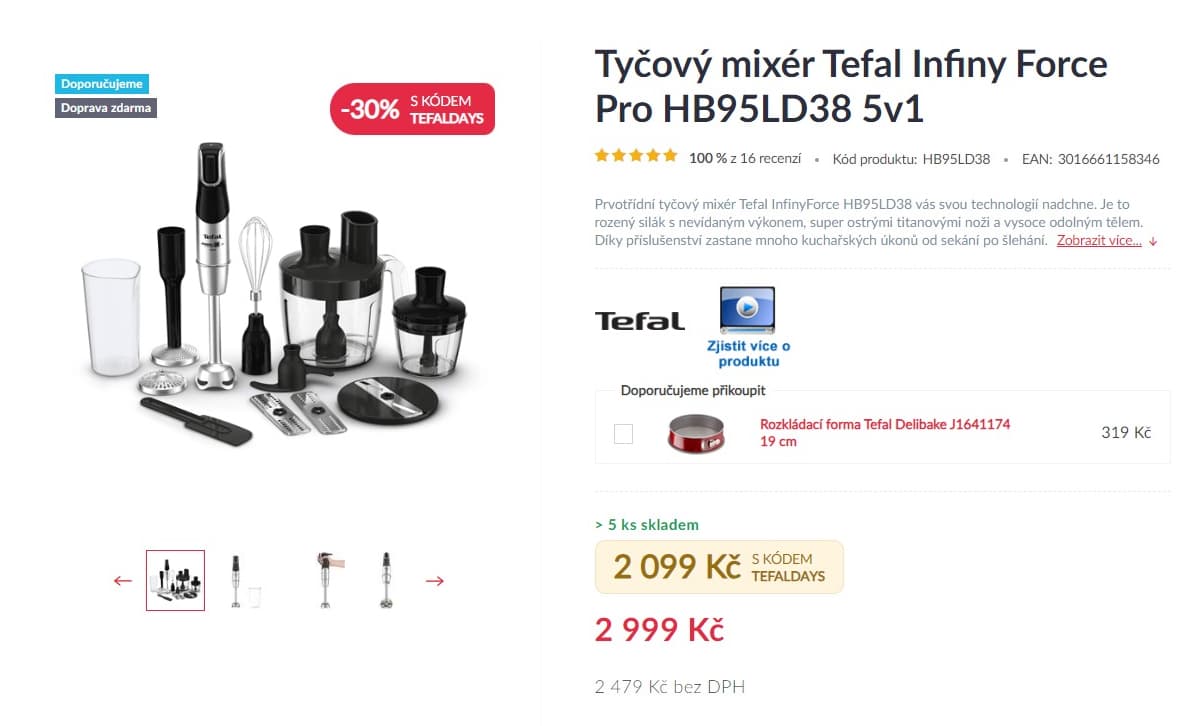 Tyčový mixér 5v1 Tefal, výbava, 800ml