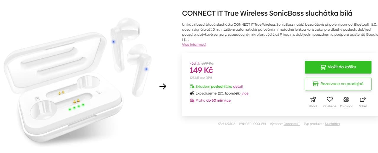 BT sluchátka Connect IT, 9 hodin