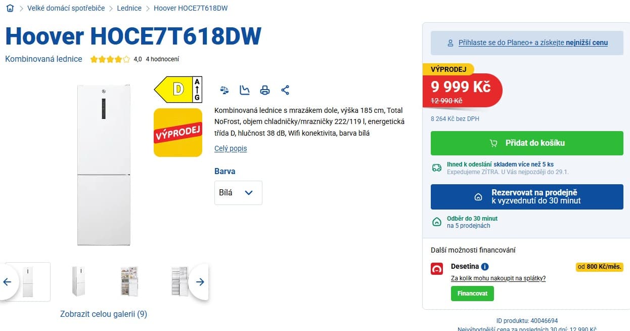 Lednice Hoover, total no frost, Wifi, 185cm