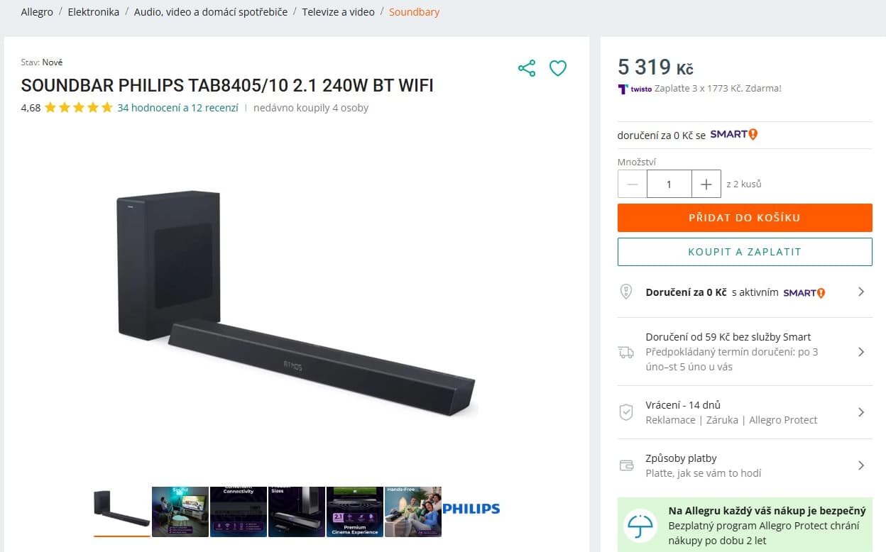 Soundbar Philips 2.1, 240W, Atmos, subwoofer