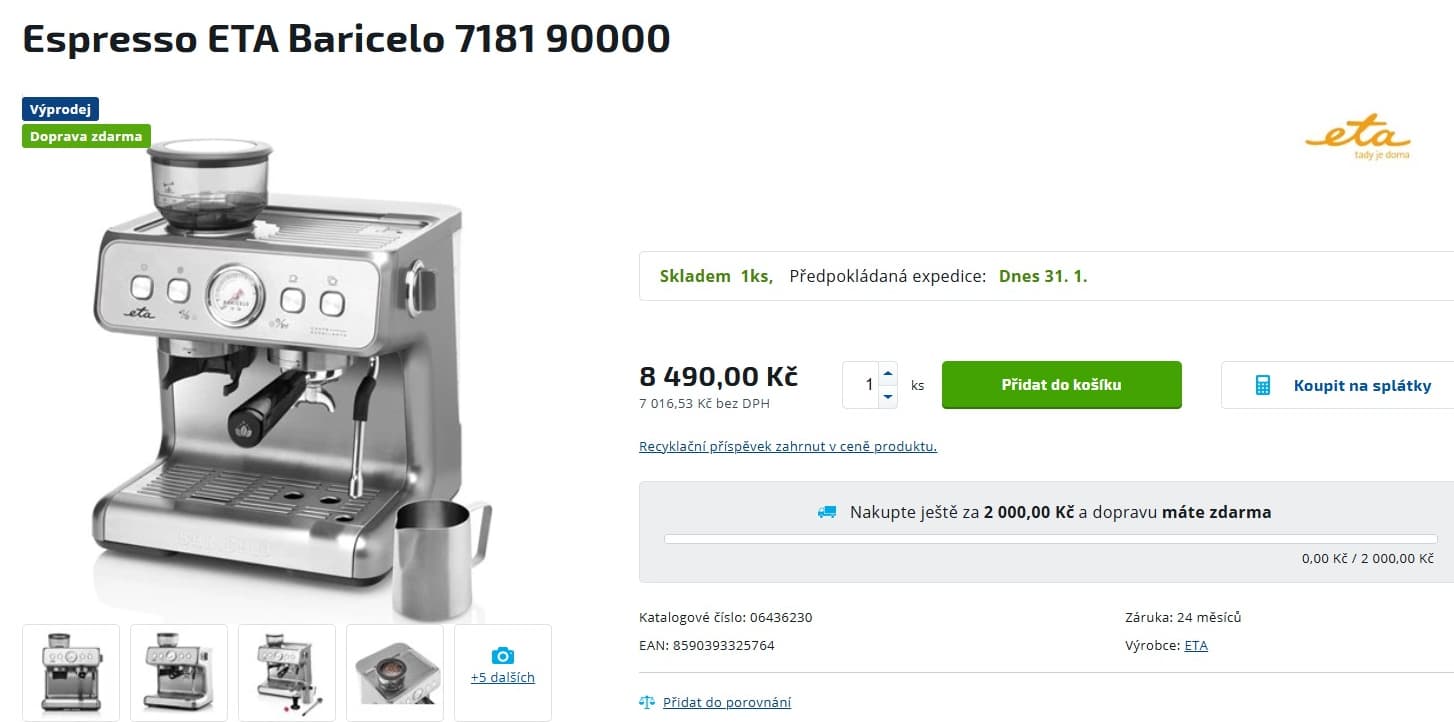 Pákové espresso ETA, mlýnek, nahřívání