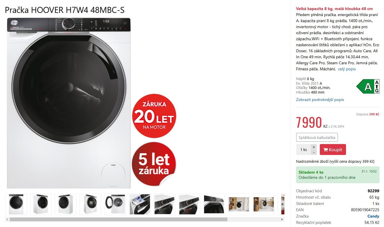 Parní pračka Hoover 8kg, 1400ot., Wifi, A