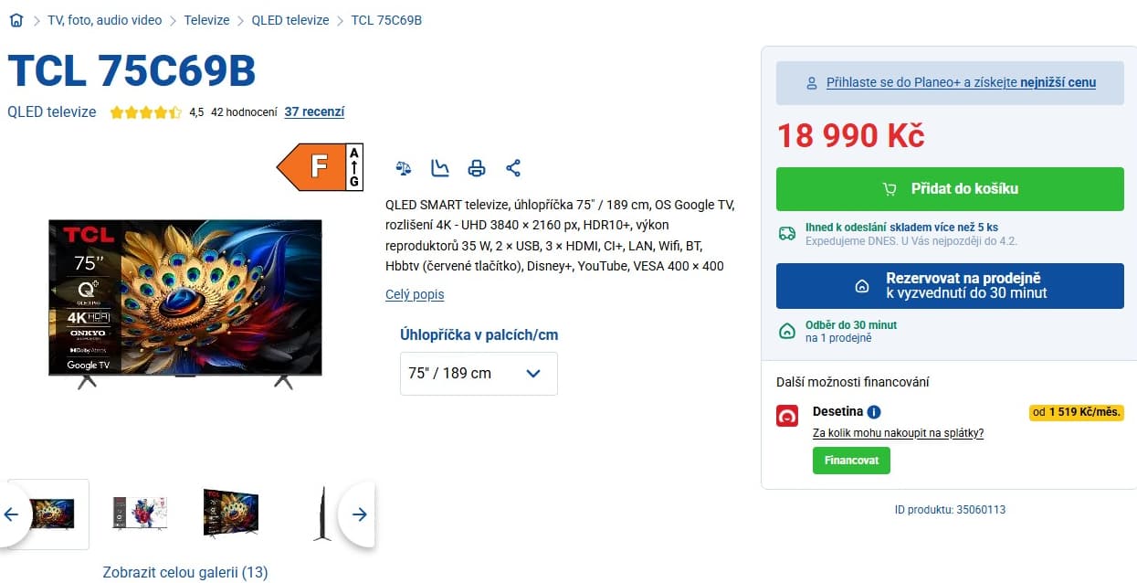 4K QLED Google TV, 189cm, TCL