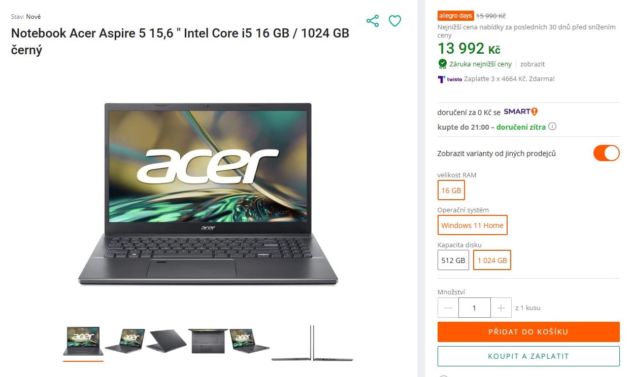Acer i5 4,4GHz, 16GB, 1 TB SSD, 15,6"