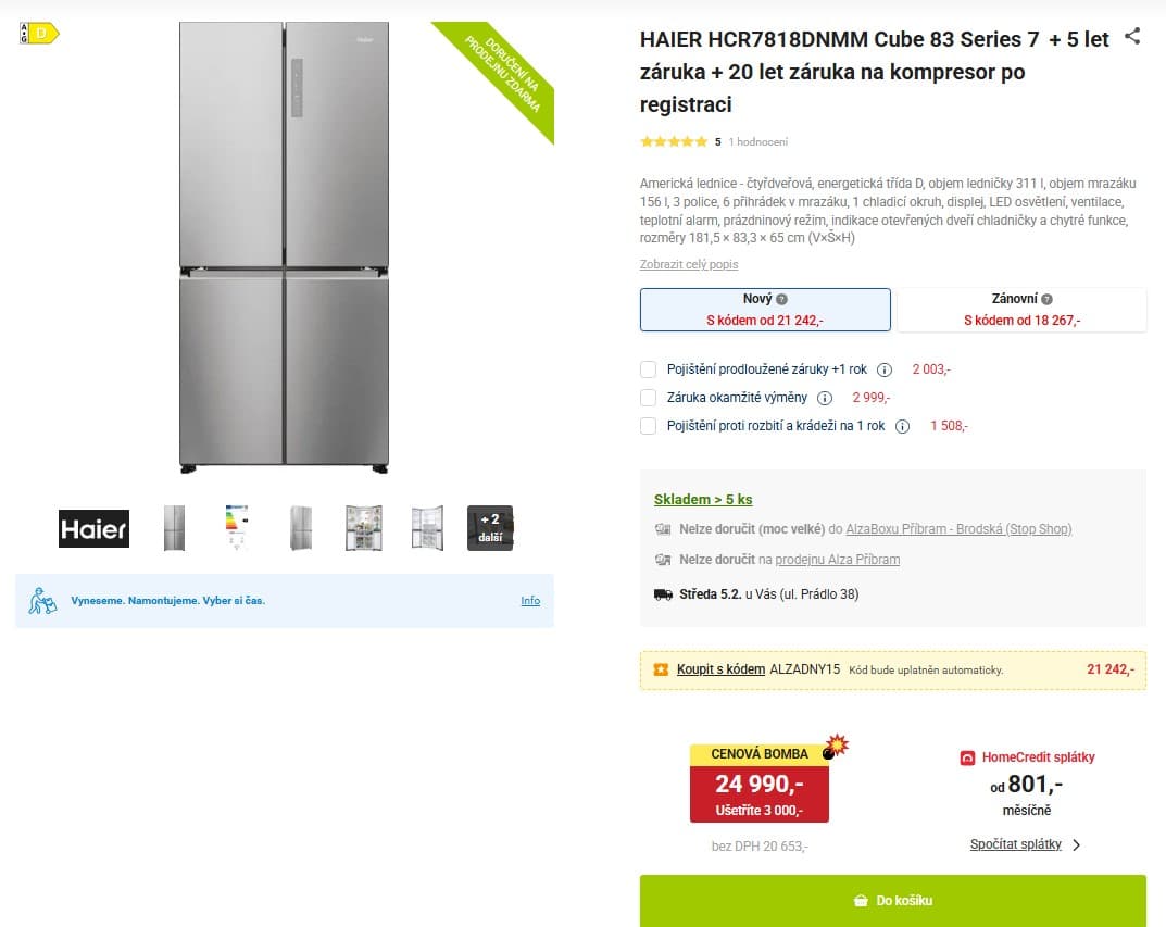 Kombinovaná lednice Haier, 311/156 l