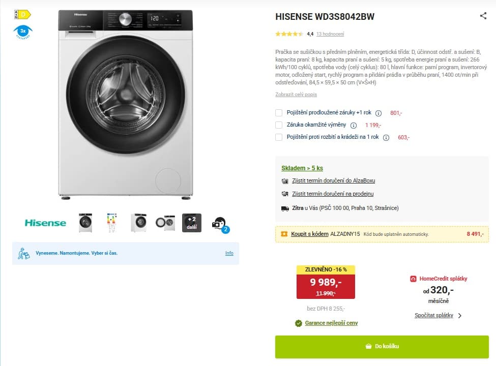 Pračka / Sušička Hisense 8/5kg, 1400ot., pára