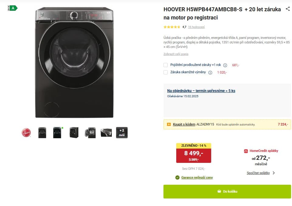 Parní pračka Hoover 7kg, 1400ot., Wifi