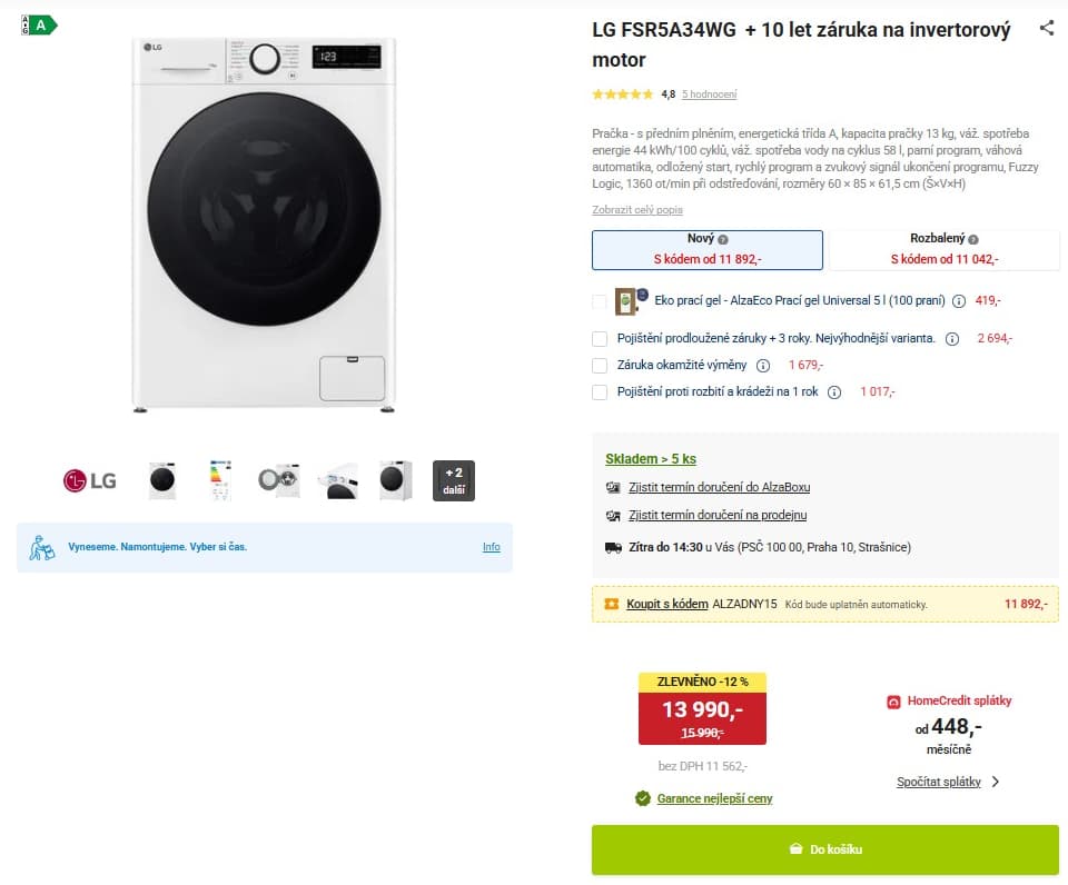 Parní pračka LG 13kg, 1400ot., AI, A