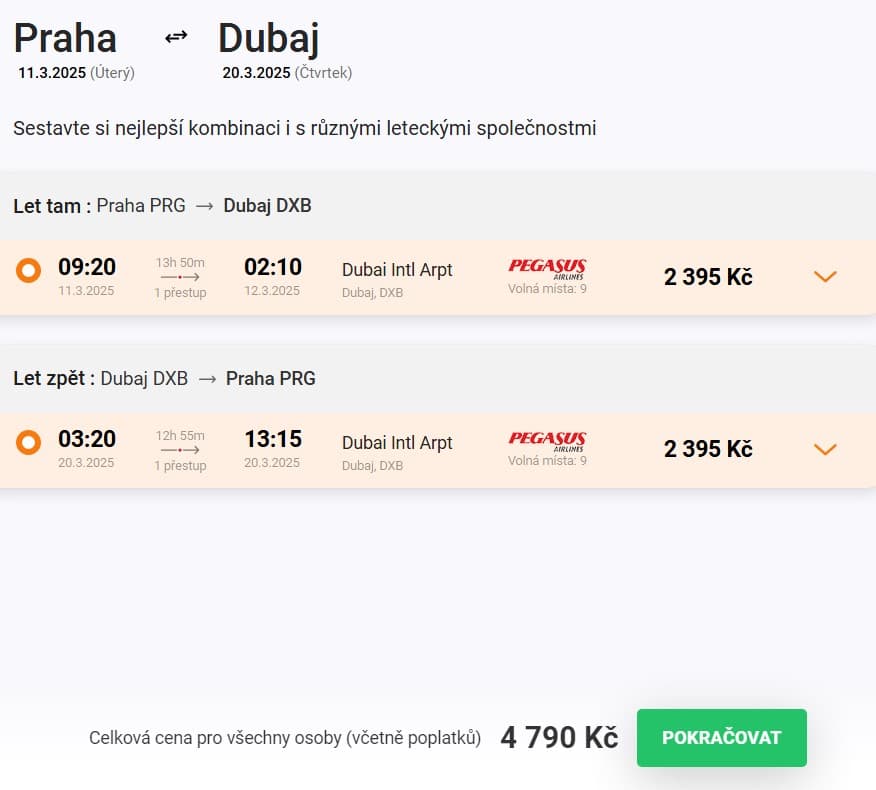 Zpáteční letenky Praha - Dubaj