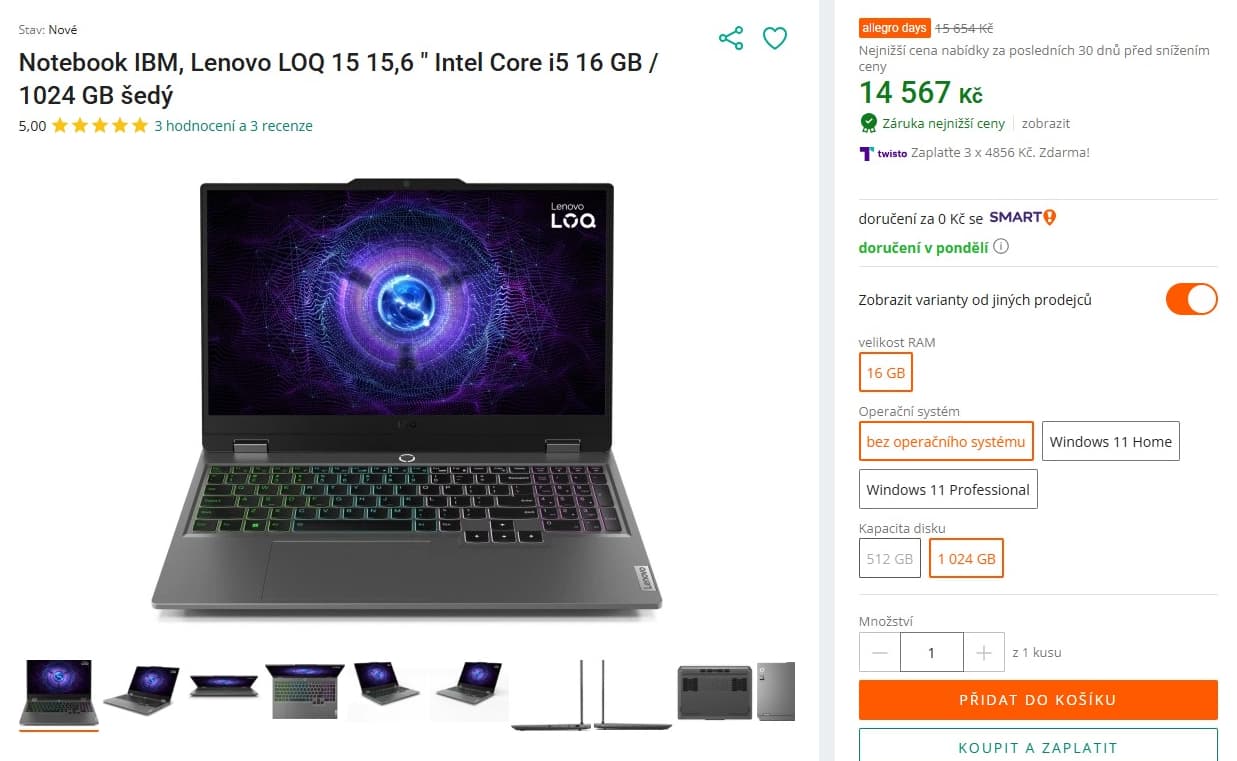 Lenovo i5 4,4GHz, 16GB RAM, 4GB ARC grafika