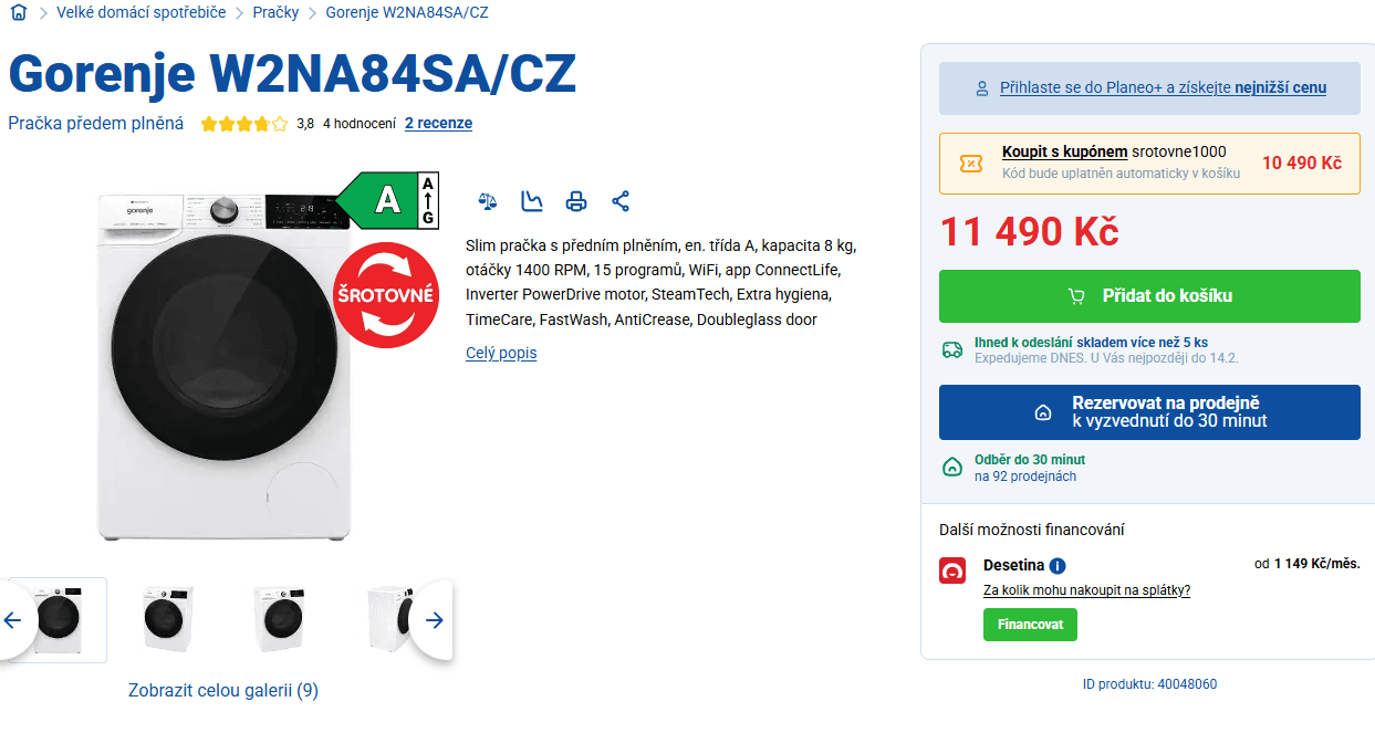 Slim parní pračka Gorenje 8kg, 1400ot., Wifi