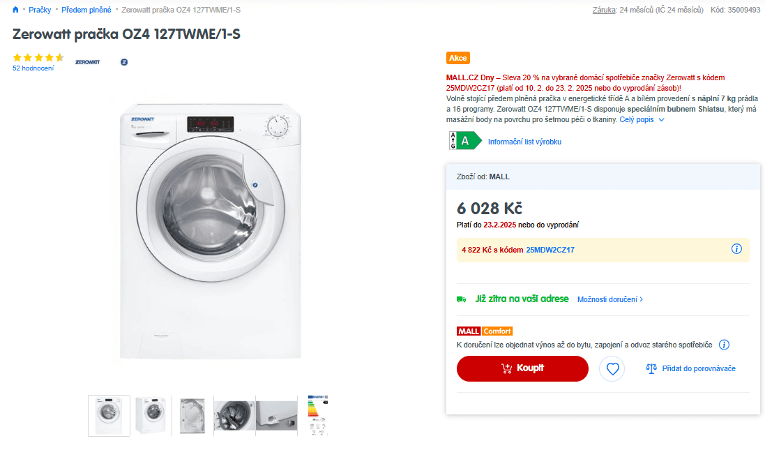 Pračka Zerowatt 7kg, 1200ot., Wifi, A
