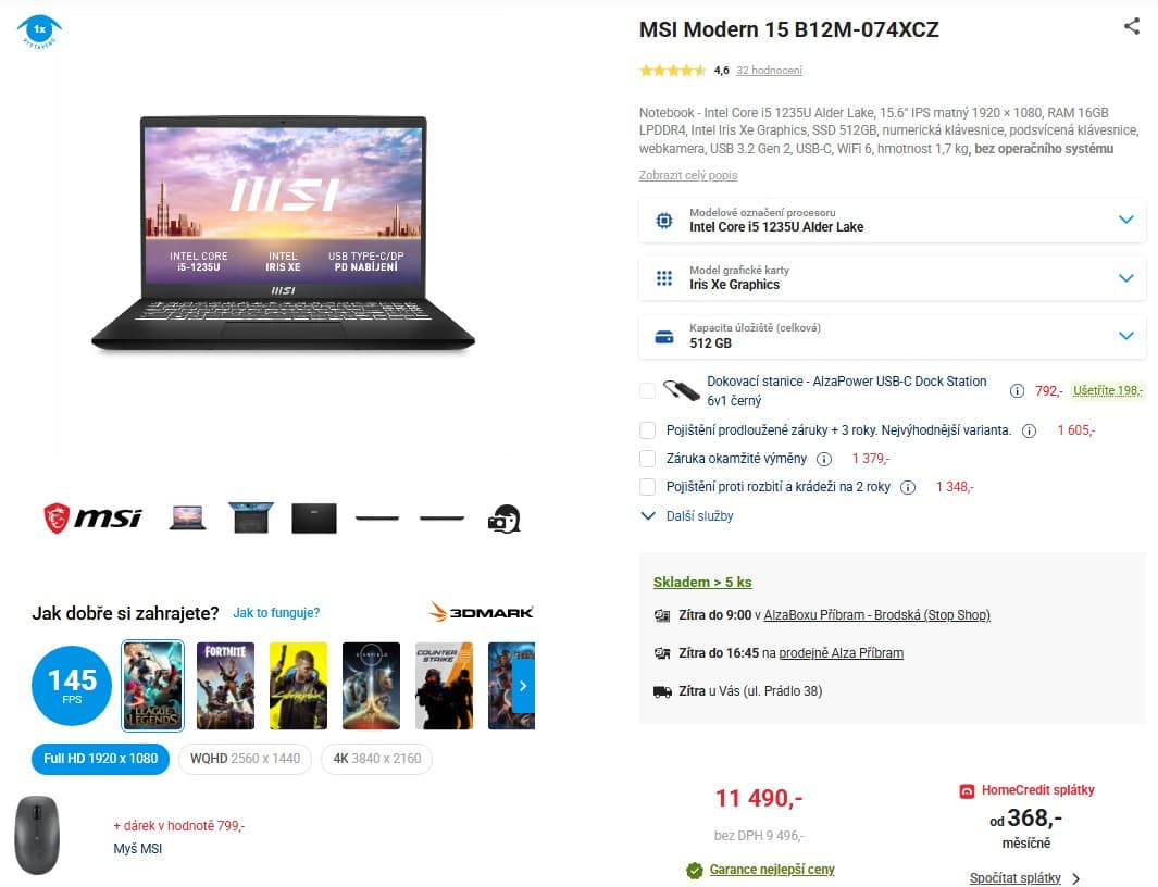 MSI i5 4,4GHz, 16GB RAM, 15,6", 1,7kg