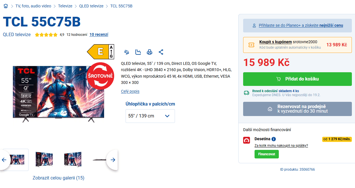 4K Google TV, 144Hz, 139cm, TCL