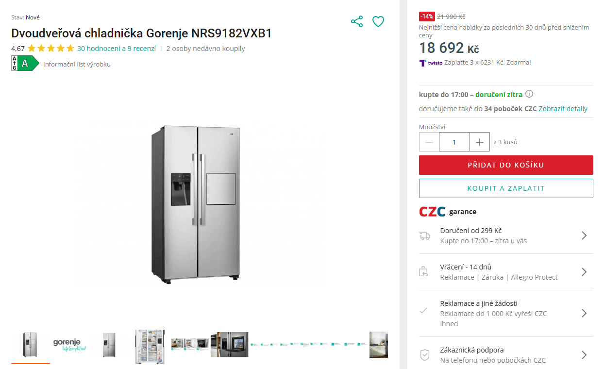 Americká lednice Gorenje, led, voda, bar, 180cm