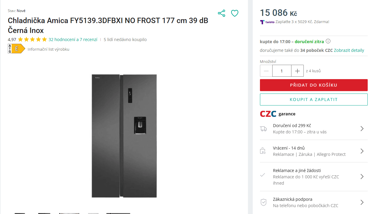 Americká lednice Amica, led, voda, 177cm