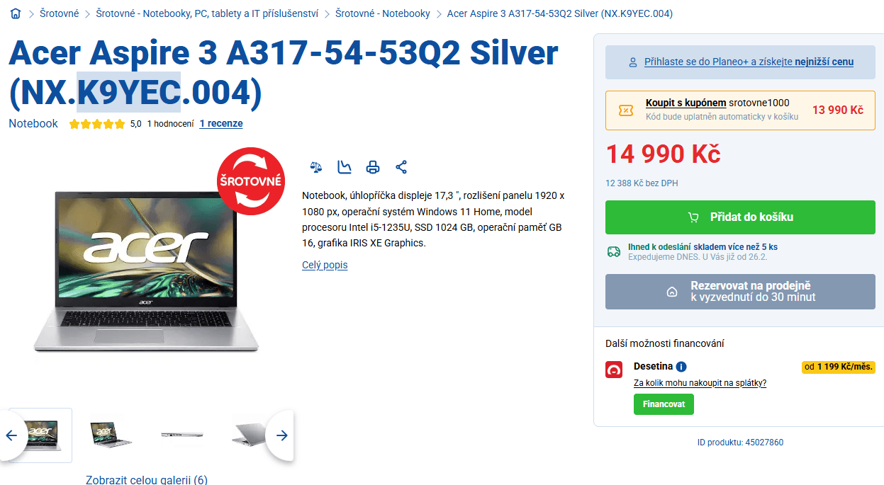 Acer i5 4,4GHz, 16GB/ 1TB SSD, 17,3"