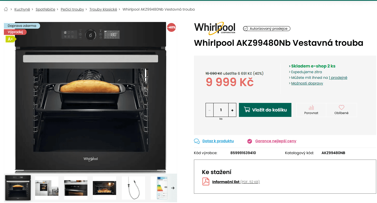 Vestavná trouba Whirlpool, sonda, A+, technologie
