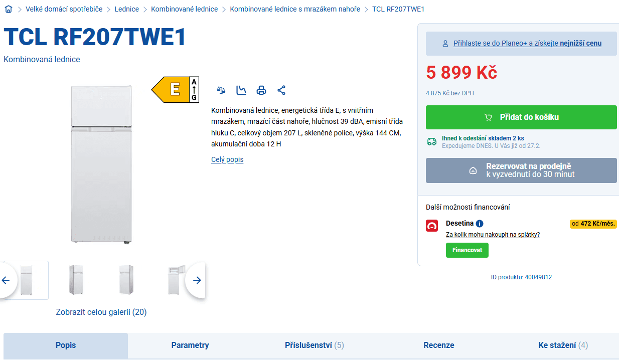 Lednice s mrazákem TCL 144cm