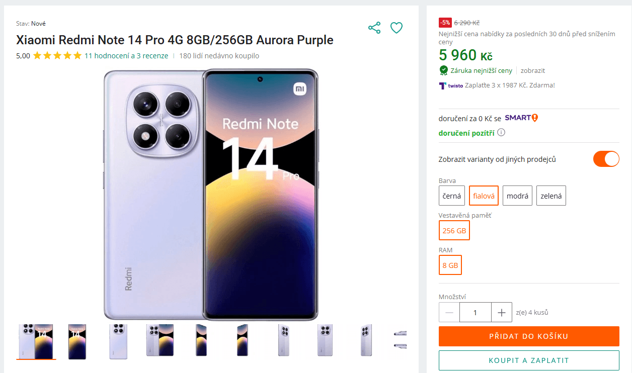 Xiaomi Note 14 8x 2,2GHz, 8/256GB, 6,67"